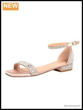 Wide Width Rhinestone Low Heel Sandals Square Toe Ankle Strap Women Dress Shoes